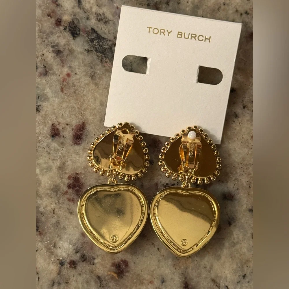 Nwt Tory Burch Green and Blue Heart clip on Earrings